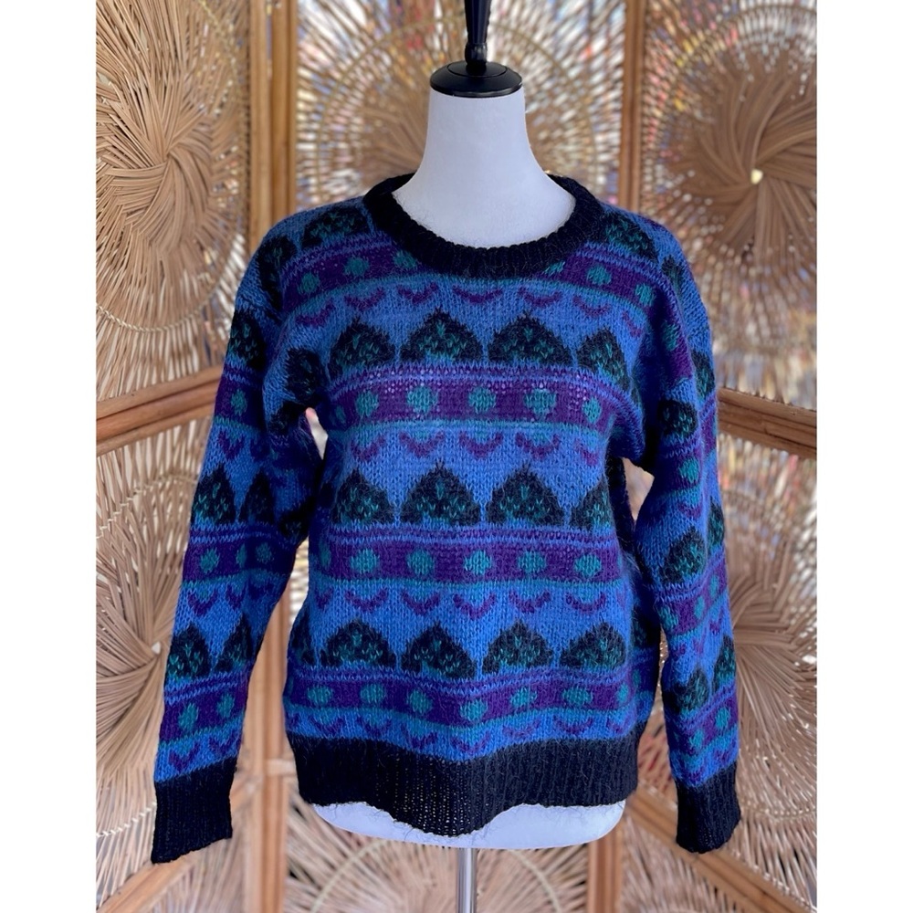 Vintage Gallagher Blue Black Purple Mohair Acrylic Blend Knit Sweater M